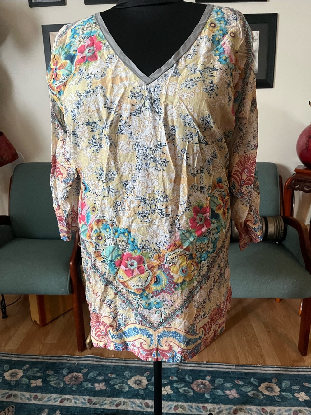 Johnny Was Yellow Multi Floral V-Neck Long Sleeve tunic